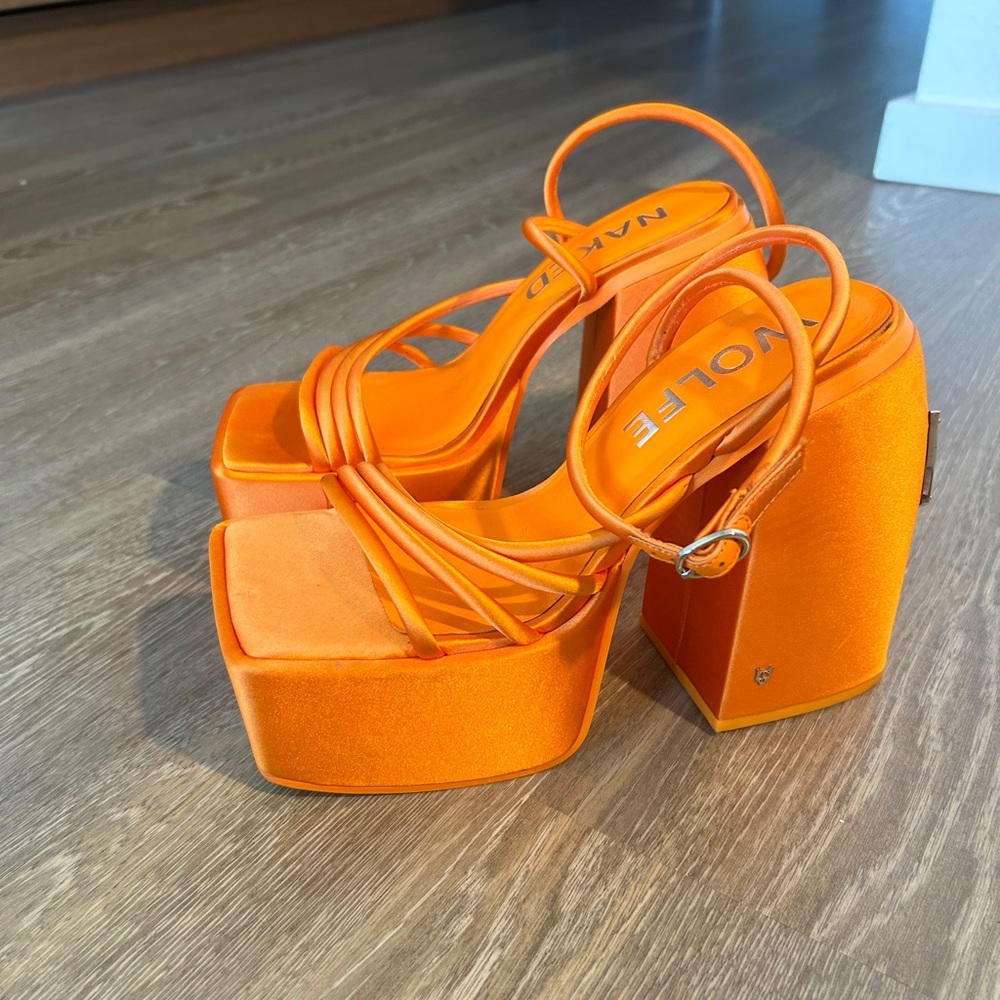 Orange satin naked wolfe jada platform sandal heels